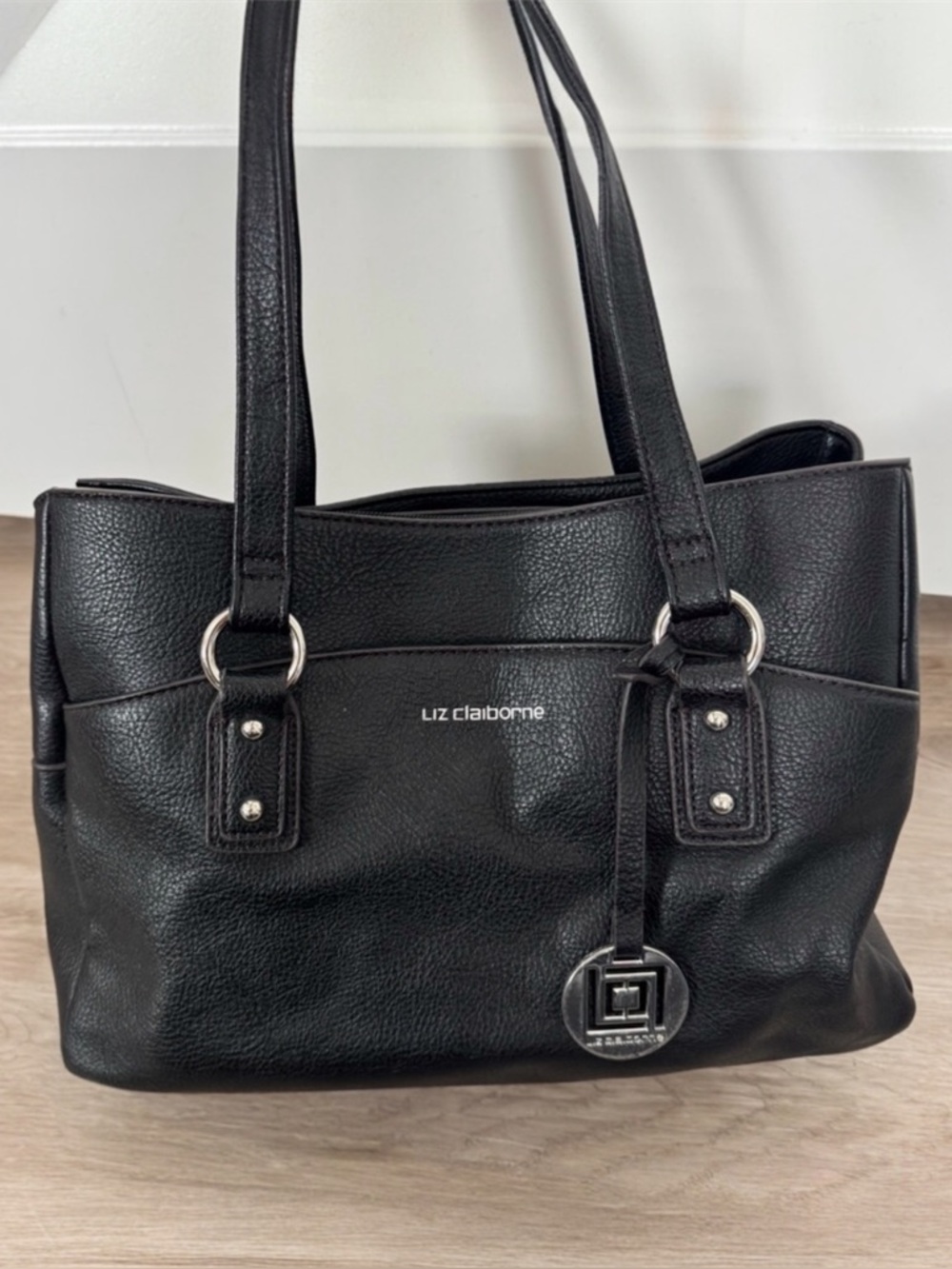 Liz Claiborne Black Pebbled Faux Leather Shoulder Tote Bag Silver Hardware